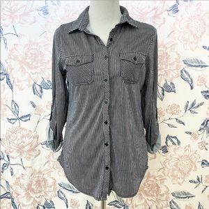 Mind Code |Striped Quarter Sleeve Button Down Top